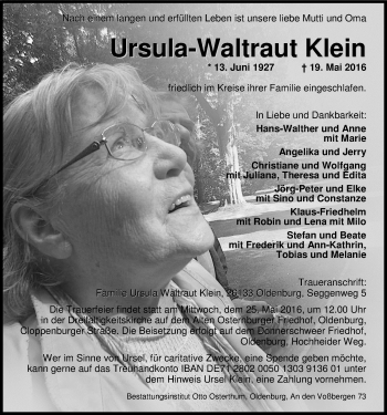 Traueranzeige von Ursula-Waltraut Klein von Nordwest-Zeitung
