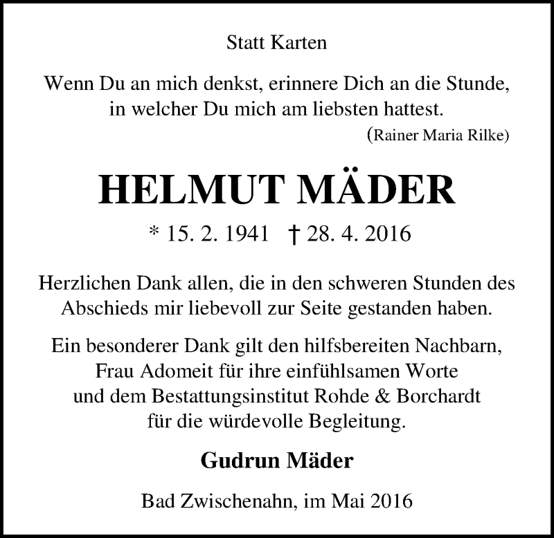  Traueranzeige für Helmut Mäder vom 26.05.2016 aus Nordwest-Zeitung