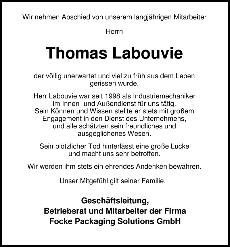  Traueranzeige für Thomas Labouvie vom 24.05.2016 aus Nordwest-Zeitung