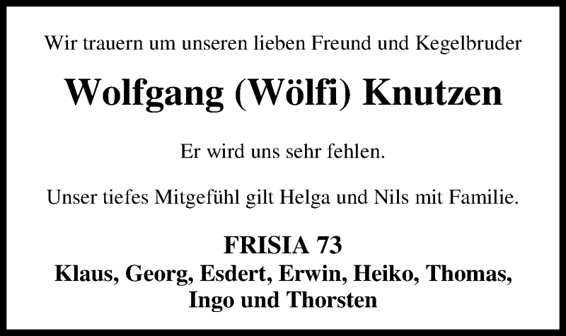  Traueranzeige für Wolfgang Knutzen vom 31.05.2016 aus Nordwest-Zeitung