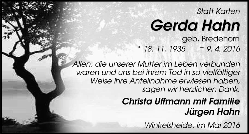  Traueranzeige für Gerda Hahn vom 14.05.2016 aus Nordwest-Zeitung