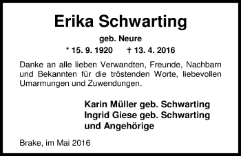 Traueranzeige von Erika Schwarting von Nordwest-Zeitung