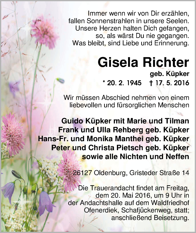  Traueranzeige für Gisela Richter vom 18.05.2016 aus Nordwest-Zeitung