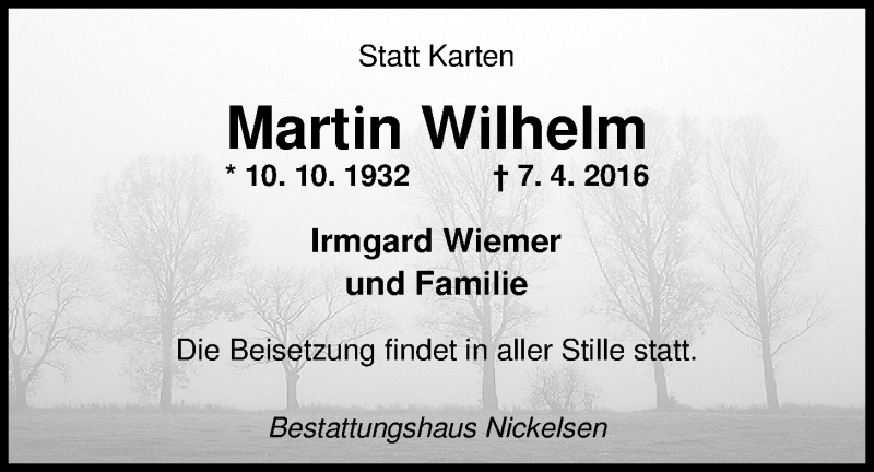  Traueranzeige für Martin Wilhelm vom 15.04.2016 aus Nordwest-Zeitung