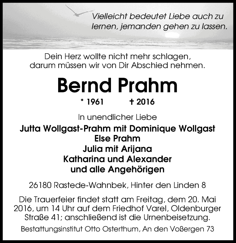  Traueranzeige für Bernd Prahm vom 14.05.2016 aus Nordwest-Zeitung