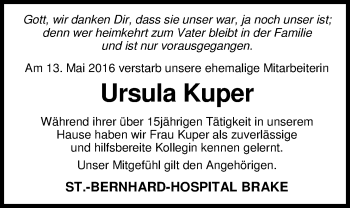 Traueranzeige von Ursula Kuper von Nordwest-Zeitung