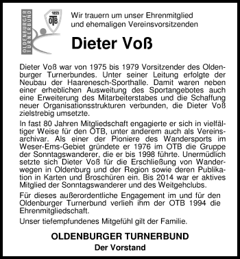 Traueranzeige von Dieter Voß von Nordwest-Zeitung