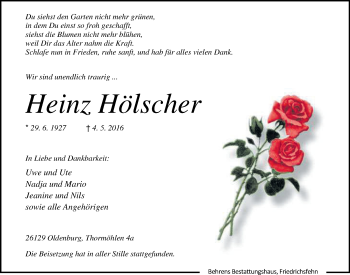 Traueranzeige von Heinz Hölscher von Nordwest-Zeitung