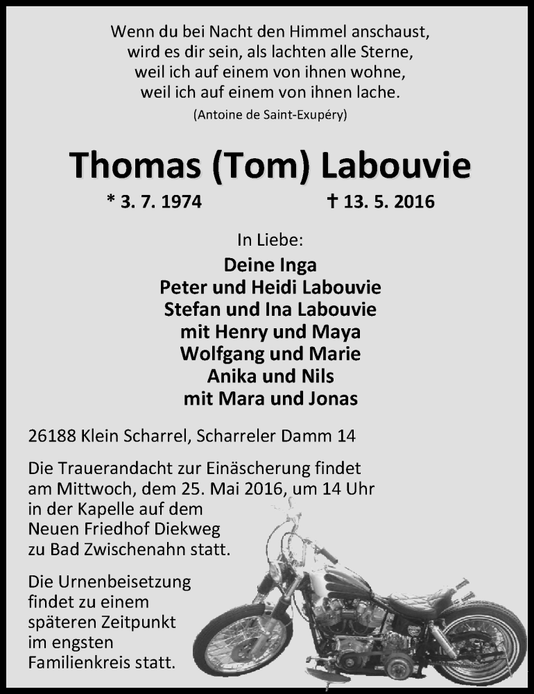  Traueranzeige für Thomas Labouvie vom 21.05.2016 aus Nordwest-Zeitung