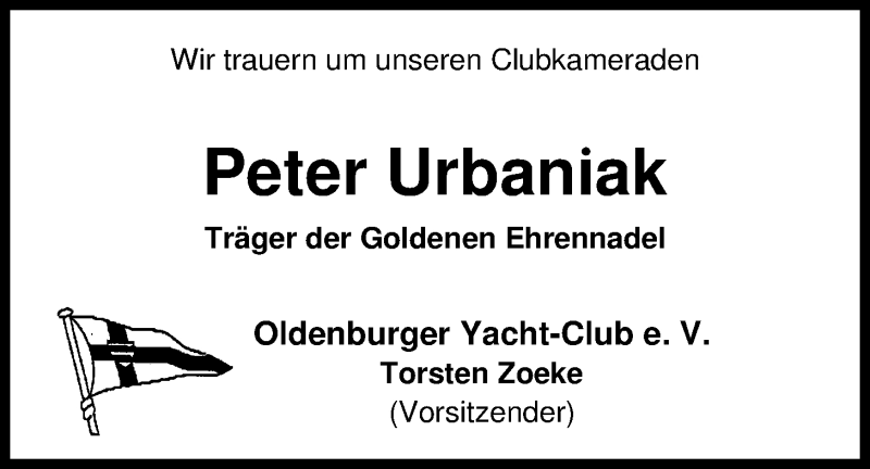  Traueranzeige für Peter Urbaniak vom 10.05.2016 aus Nordwest-Zeitung