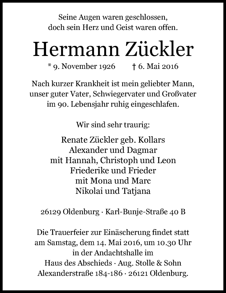  Traueranzeige für Hermann Zückler vom 11.05.2016 aus Nordwest-Zeitung