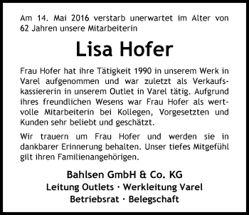 Traueranzeige von Lisa Hofer von Nordwest-Zeitung