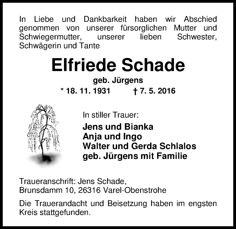  Traueranzeige für Elfriede Schade vom 14.05.2016 aus Nordwest-Zeitung