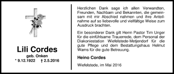 Traueranzeige von Lili Cordes von Nordwest-Zeitung