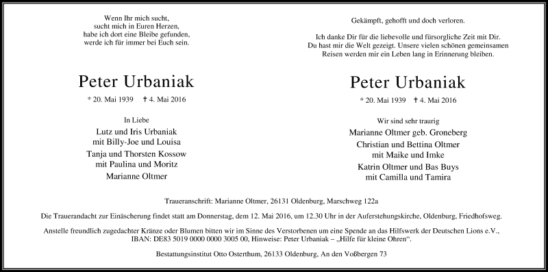  Traueranzeige für Peter Urbaniak vom 10.05.2016 aus Nordwest-Zeitung