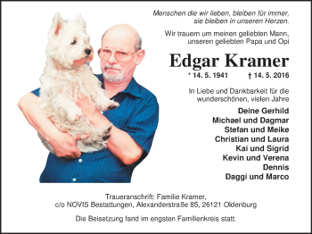 Traueranzeige von Edgar Kramer von Nordwest-Zeitung