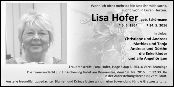 Traueranzeige von Lisa Hofer von Nordwest-Zeitung