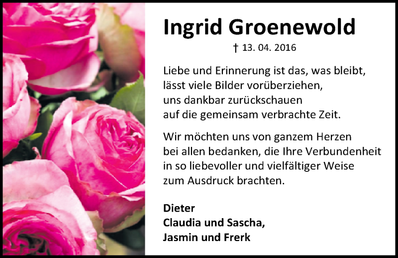  Traueranzeige für Ingrid Groenewold vom 28.05.2016 aus Nordwest-Zeitung
