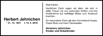 Traueranzeige von Herbert Jehnichen von Nordwest-Zeitung