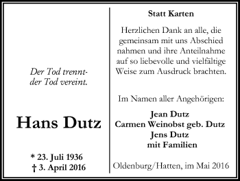Traueranzeige von Hans Dutz von Nordwest-Zeitung