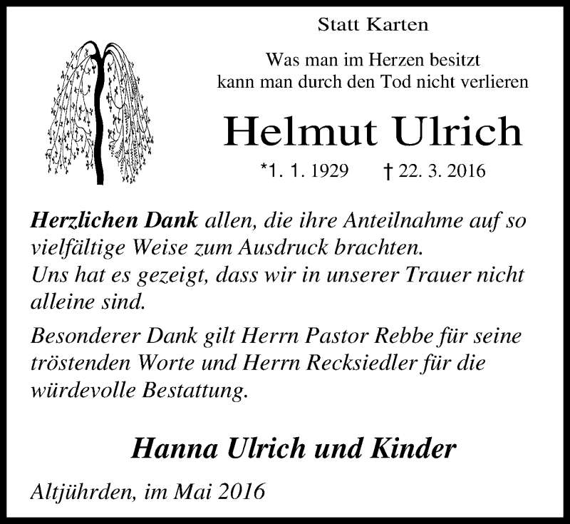  Traueranzeige für Helmut Ulrich vom 14.05.2016 aus Nordwest-Zeitung