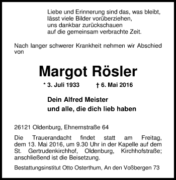 Traueranzeige von Margot Rösler von Nordwest-Zeitung