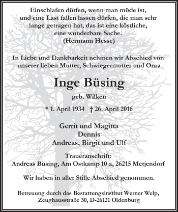 Traueranzeige von Inge Büsing von Nordwest-Zeitung