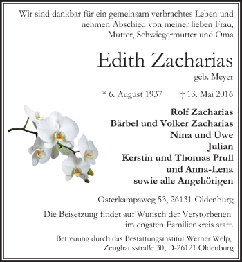Traueranzeige von Edith Zacharias von Nordwest-Zeitung