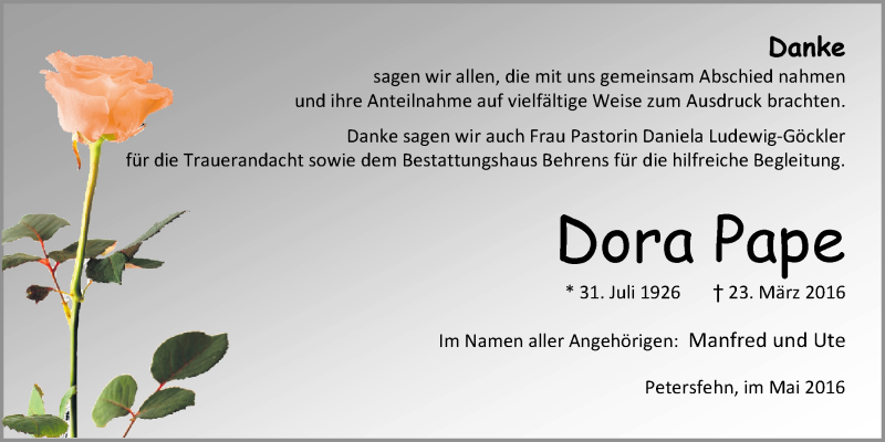  Traueranzeige für Dora Pape vom 14.05.2016 aus Nordwest-Zeitung