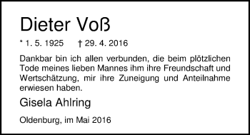 Traueranzeige von Dieter Voß von Nordwest-Zeitung