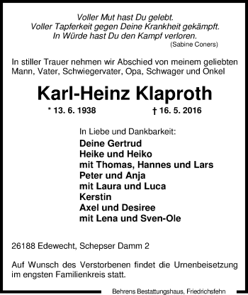 Traueranzeige von Karl-Heinz Klaproth von Nordwest-Zeitung
