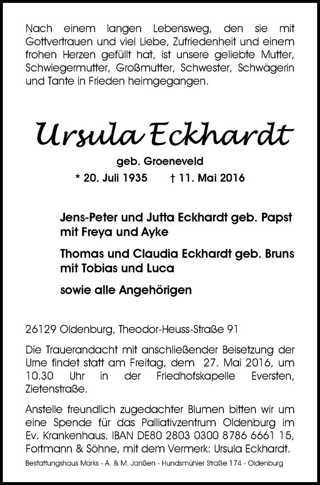  Traueranzeige für Ursula Eckhardt vom 17.05.2016 aus Nordwest-Zeitung