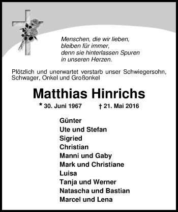 Traueranzeige von Matthias Hinrichs von Nordwest-Zeitung