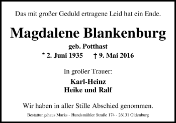 Traueranzeige von Magdalene Bankenburg von Nordwest-Zeitung