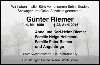 Traueranzeige von Günter Riemer von Nordwest-Zeitung