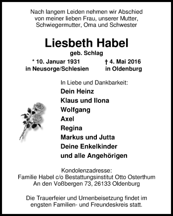 Traueranzeige von Liesbeth Habel von Nordwest-Zeitung