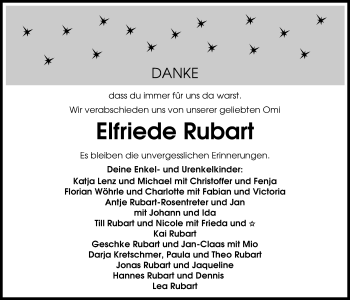 Traueranzeige von Elfriede Rubart von Nordwest-Zeitung