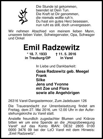Traueranzeige von Emil Radzewitz von Nordwest-Zeitung