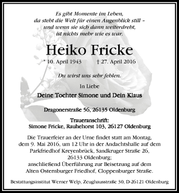 Traueranzeige von Heiko Fricke von Nordwest-Zeitung