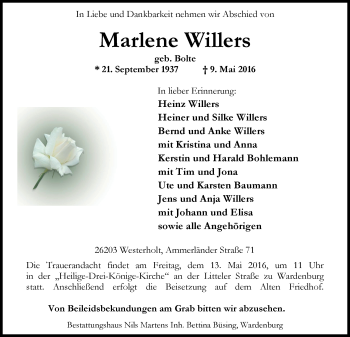 Traueranzeige von Marlene Willers von Nordwest-Zeitung