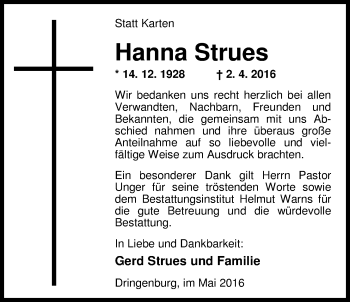 Traueranzeige von Hanna Strues von Nordwest-Zeitung