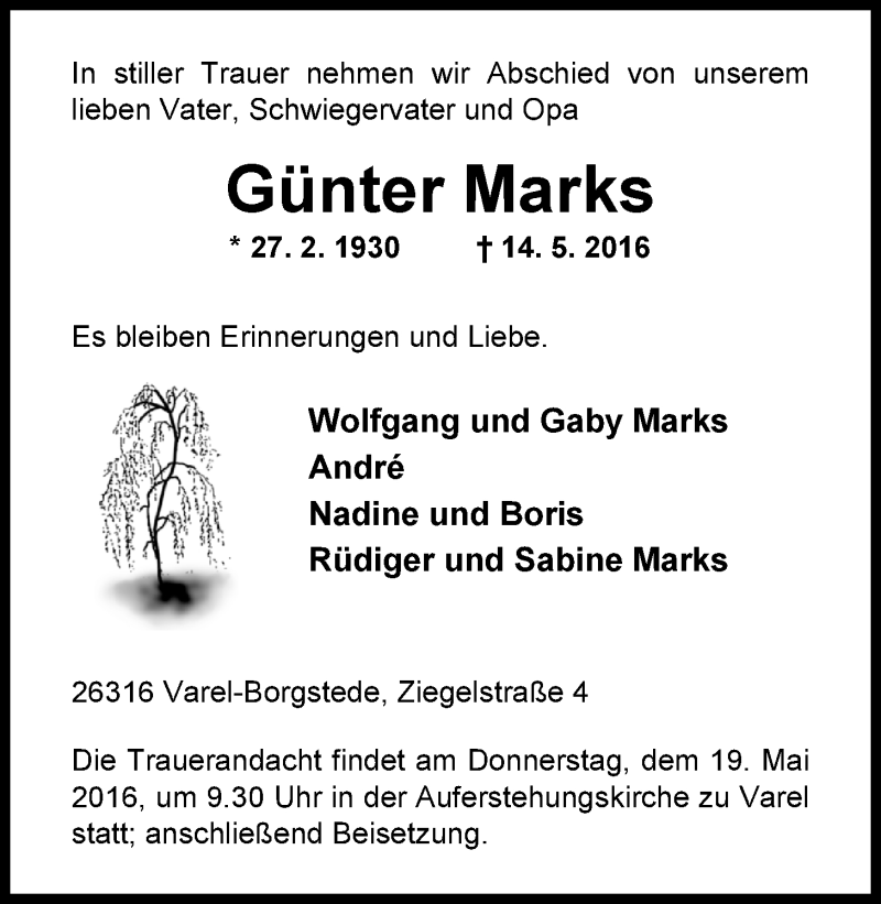  Traueranzeige für Günter Marks vom 17.05.2016 aus Nordwest-Zeitung