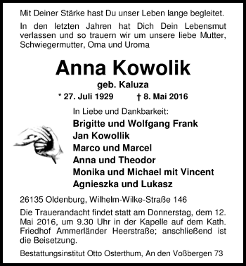 Traueranzeige von Anna Kowolik von Nordwest-Zeitung