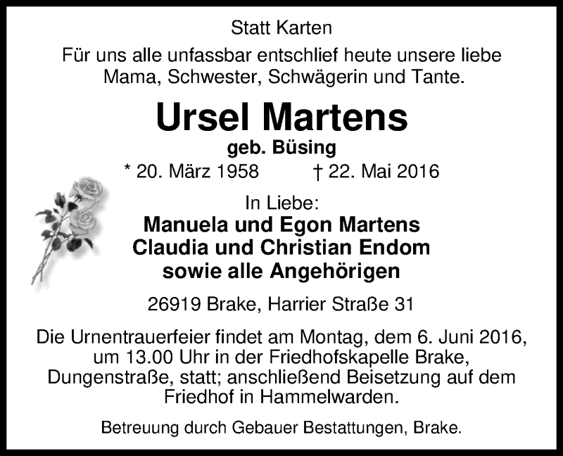  Traueranzeige für Ursel Martens vom 27.05.2016 aus Nordwest-Zeitung