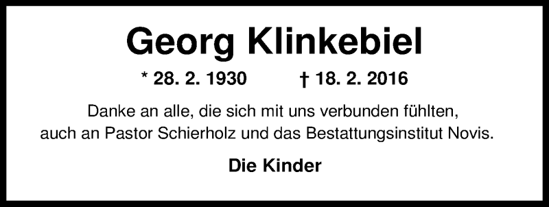  Traueranzeige für Georg Klinkebiel vom 28.05.2016 aus Nordwest-Zeitung