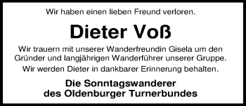 Traueranzeige von Dieter Voß von Nordwest-Zeitung