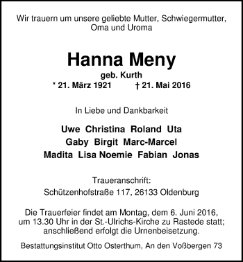 Traueranzeige von Hanna Meny von Nordwest-Zeitung