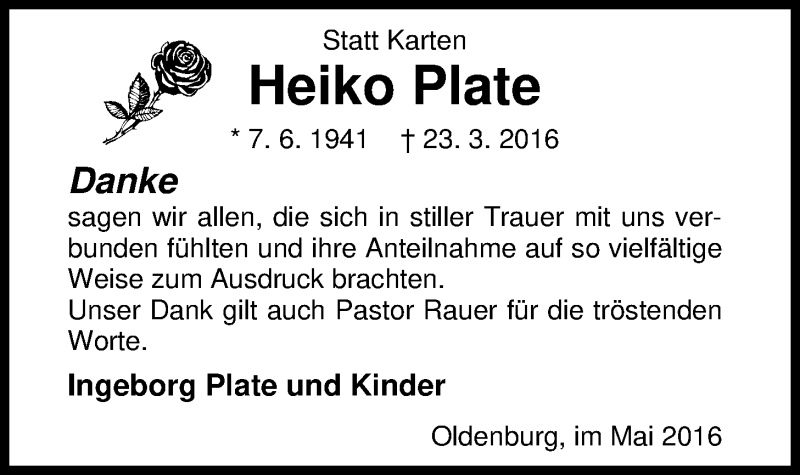  Traueranzeige für Heiko Plate vom 07.05.2016 aus Nordwest-Zeitung