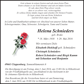Traueranzeige von Helena Schnieders von Nordwest-Zeitung