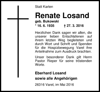 Traueranzeige von Renate Losand von Nordwest-Zeitung